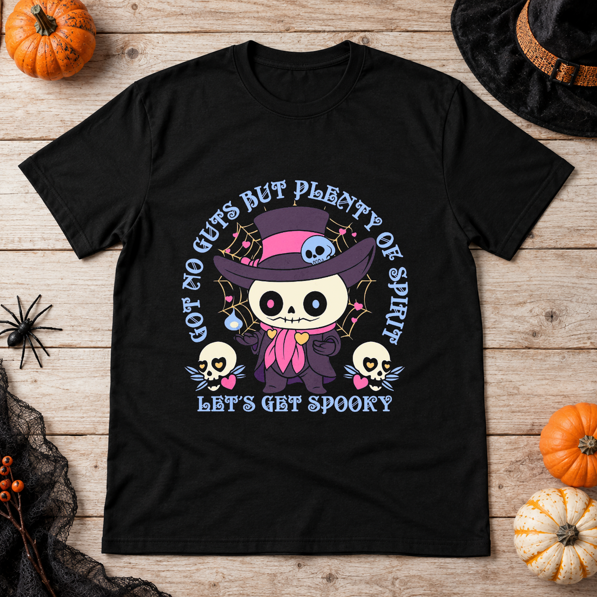Got No Guts But Plenty Of Spirit Funny Bones T-Shirt – Skull & Reaper Gothic Graphic Graphic Tee - Color: black
