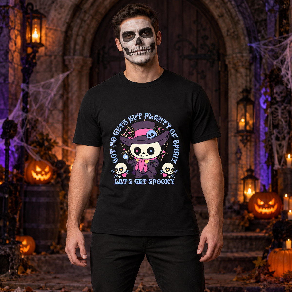 Got No Guts But Plenty Of Spirit Funny Bones T-Shirt – Skull & Reaper Gothic Graphic Graphic Tee - Color: black