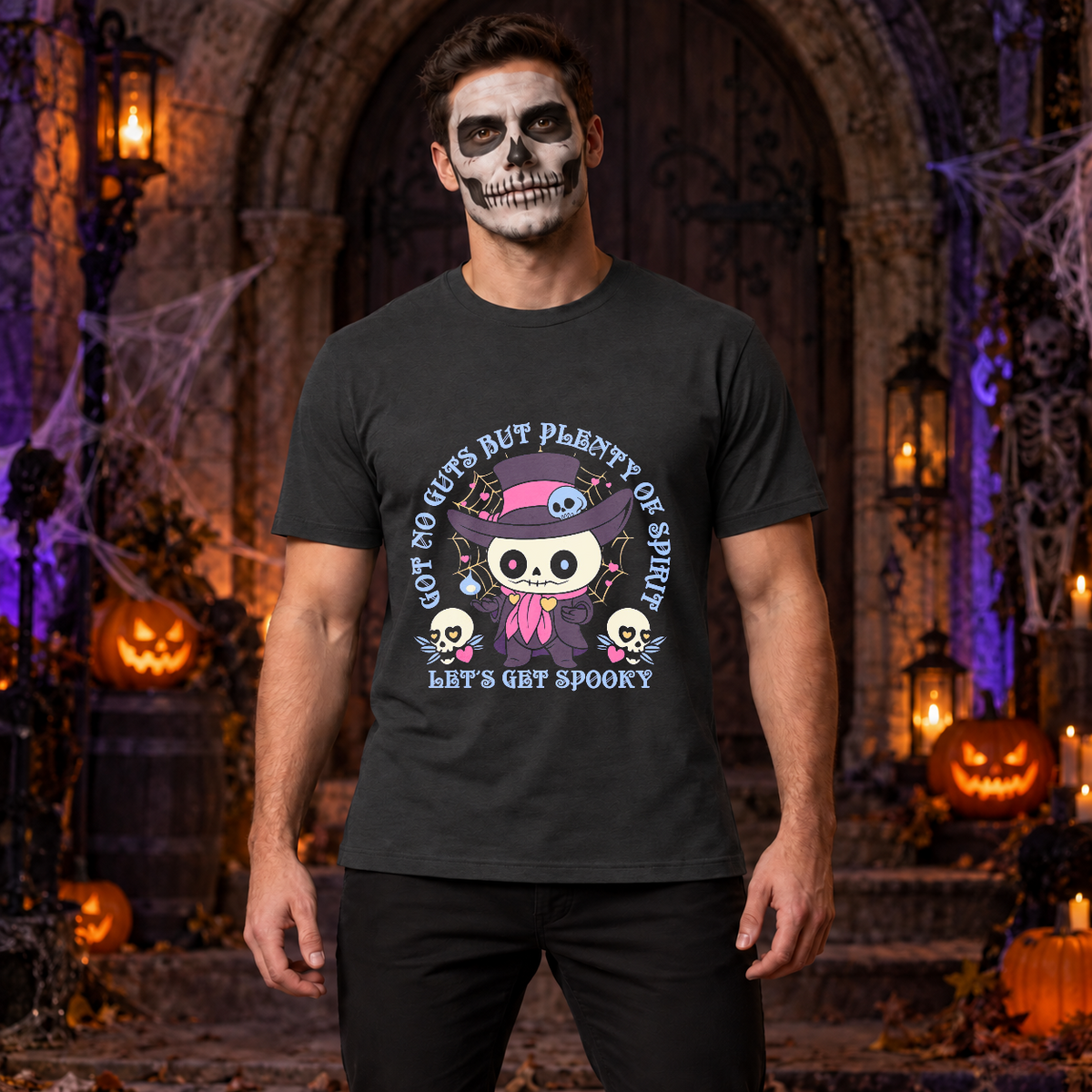 Got No Guts But Plenty Of Spirit Funny Bones T-Shirt – Skull & Reaper Gothic Graphic Graphic Tee - Color: charcoal