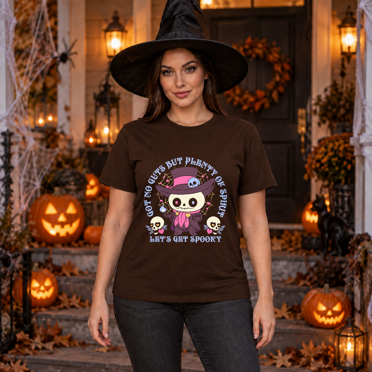 Got No Guts But Plenty Of Spirit Funny Bones T-Shirt – Skull & Reaper Gothic Graphic Graphic Tee - Color: chocolate