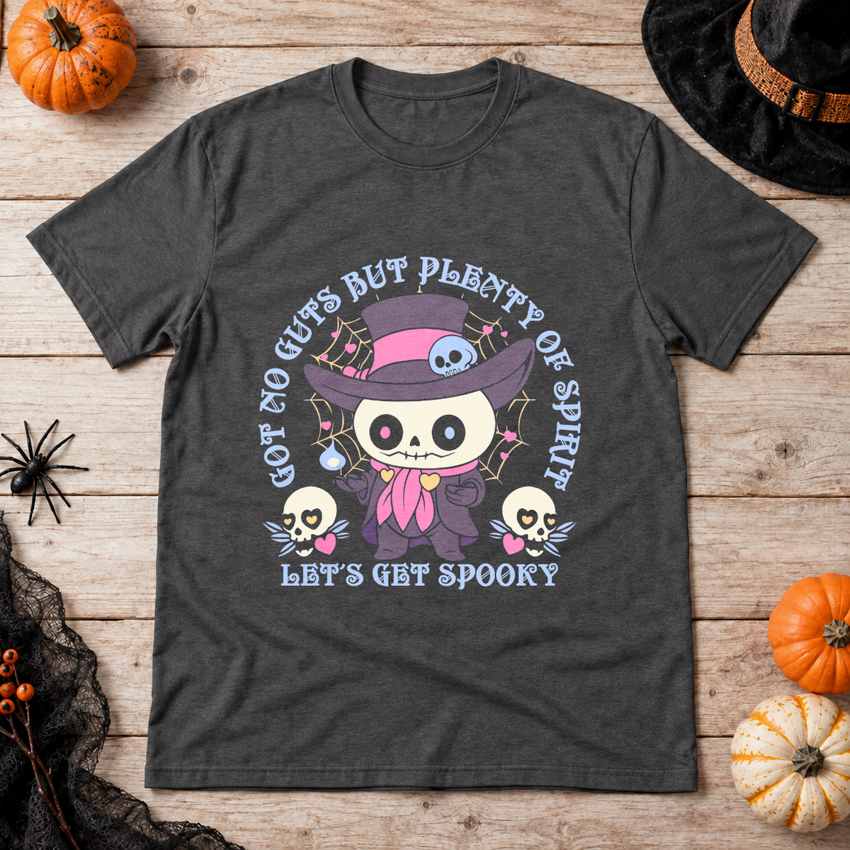 Got No Guts But Plenty Of Spirit Funny Bones T-Shirt – Skull & Reaper Gothic Graphic Graphic Tee - Color: dark heather