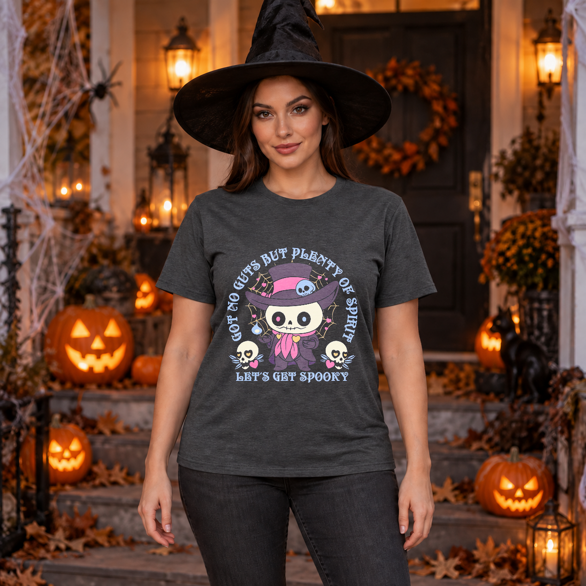 Got No Guts But Plenty Of Spirit Funny Bones T-Shirt – Skull & Reaper Gothic Graphic Graphic Tee - Color: dark heather
