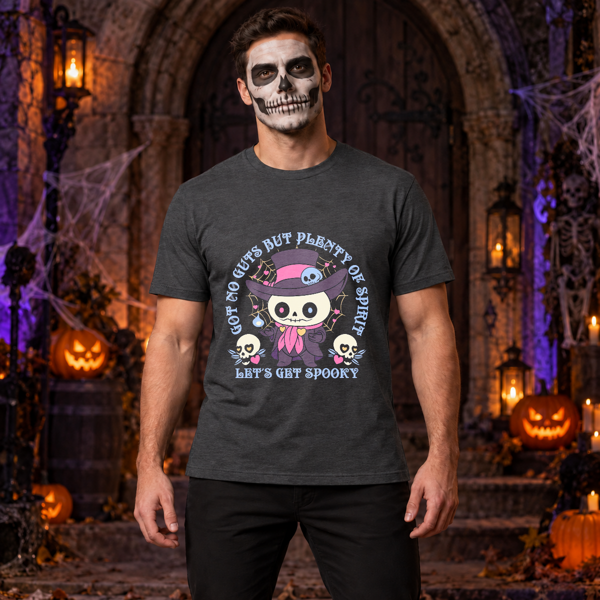 Got No Guts But Plenty Of Spirit Funny Bones T-Shirt – Skull & Reaper Gothic Graphic Graphic Tee - Color: dark heather