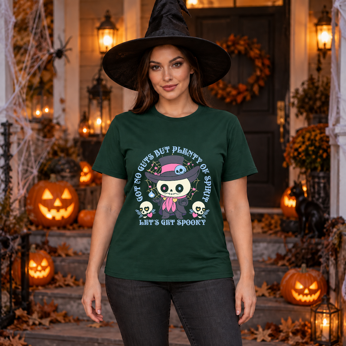 Got No Guts But Plenty Of Spirit Funny Bones T-Shirt – Skull & Reaper Gothic Graphic Graphic Tee - Color: forest green