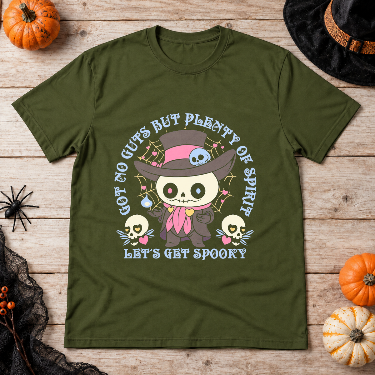 Got No Guts But Plenty Of Spirit Funny Bones T-Shirt – Skull & Reaper Gothic Graphic Graphic Tee - Color: military green