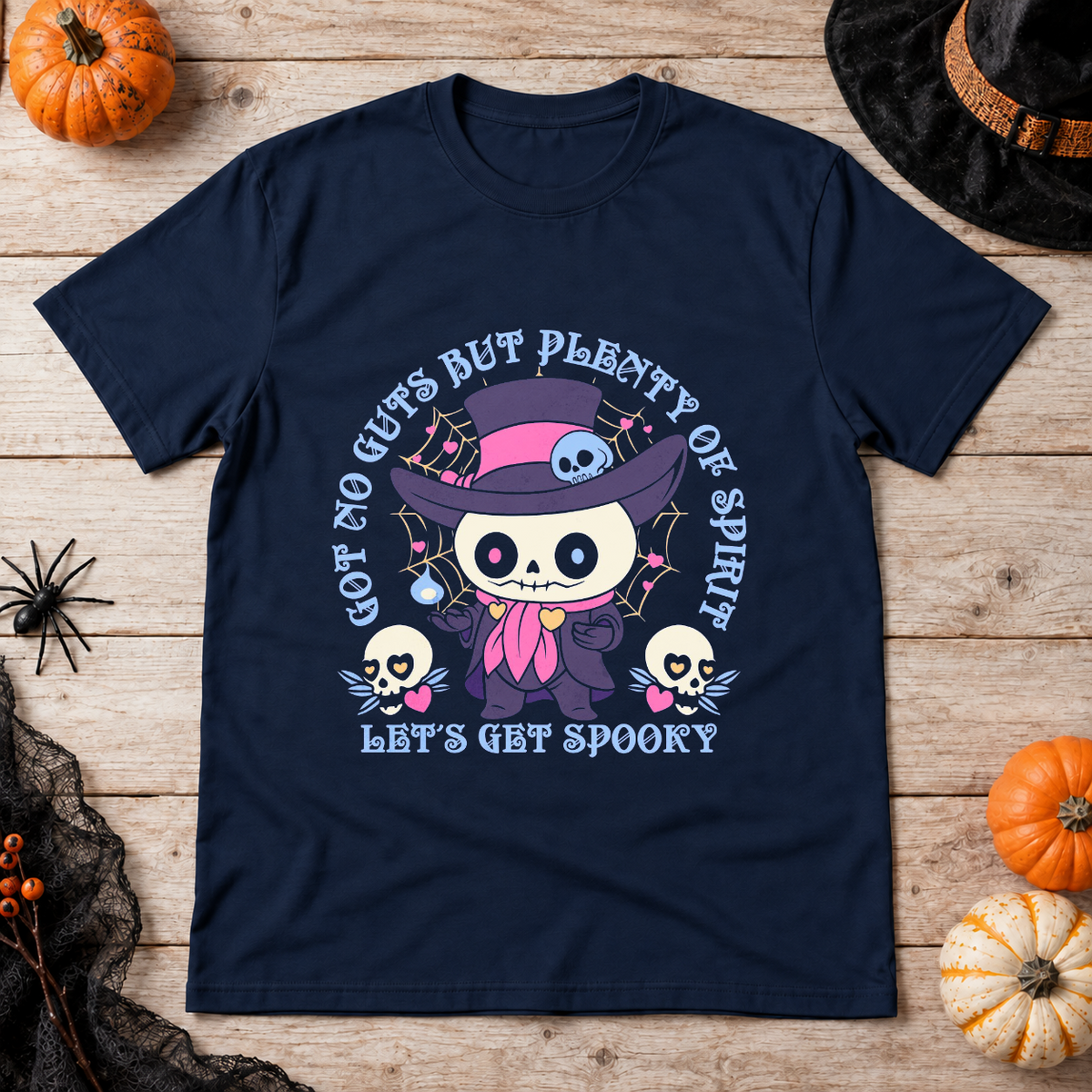 Got No Guts But Plenty Of Spirit Funny Bones T-Shirt – Skull & Reaper Gothic Graphic Graphic Tee - Color: navy