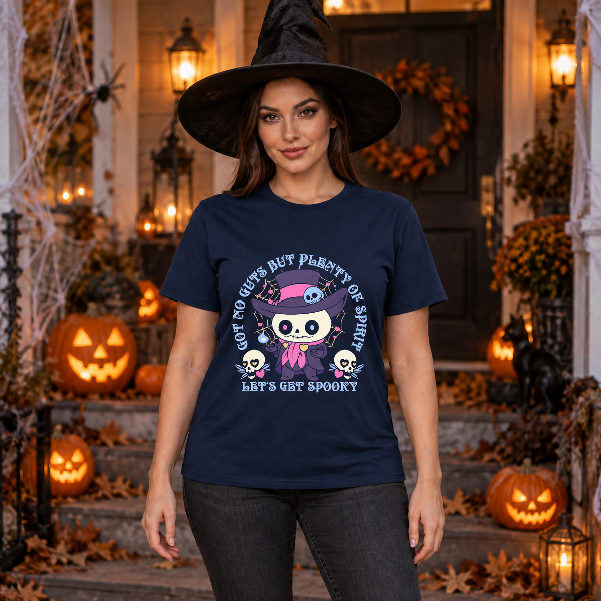 Got No Guts But Plenty Of Spirit Funny Bones T-Shirt – Skull & Reaper Gothic Graphic Graphic Tee - Color: navy