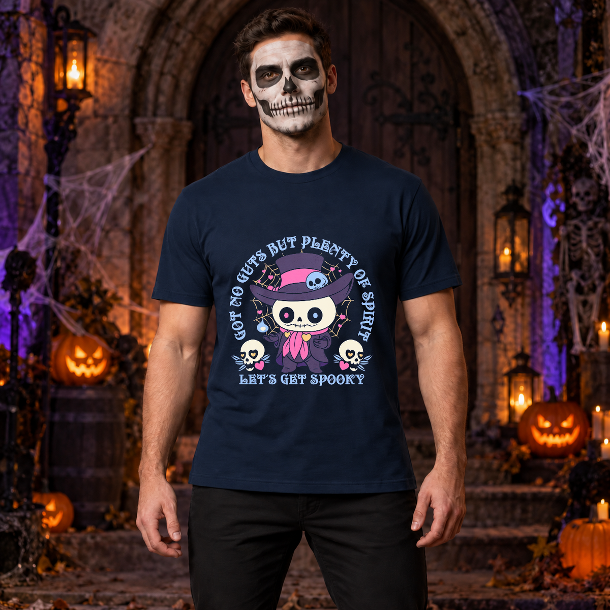 Got No Guts But Plenty Of Spirit Funny Bones T-Shirt – Skull & Reaper Gothic Graphic Graphic Tee - Color: navy