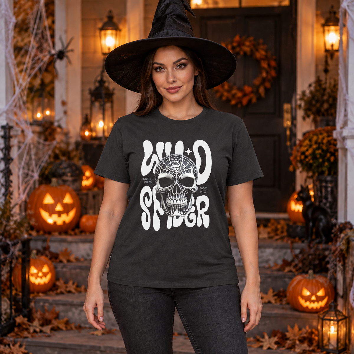 Gothic Spider Skull T-Shirt – Dark Gothic Halloween Graphic Graphic Tee - Color: charcoal