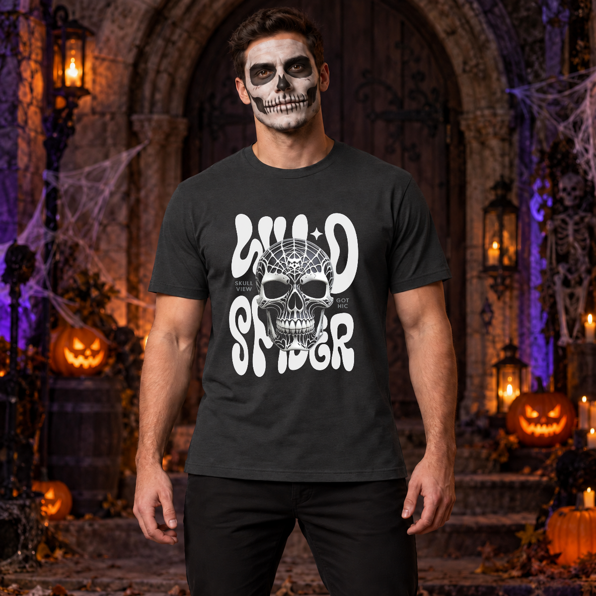 Gothic Spider Skull T-Shirt – Dark Gothic Halloween Graphic Graphic Tee - Color: charcoal