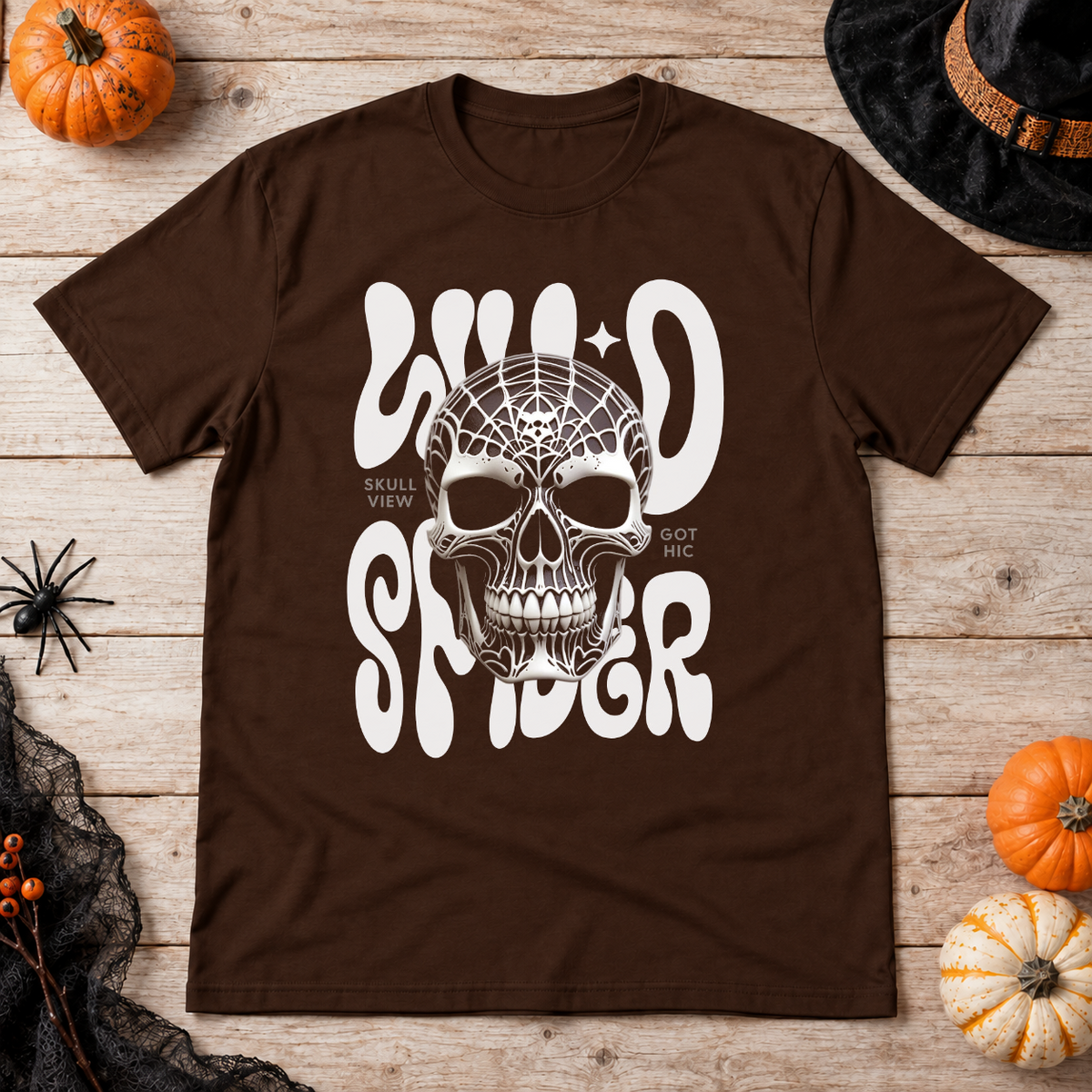 Gothic Spider Skull T-Shirt – Dark Gothic Halloween Graphic Graphic Tee - Color: chocolate