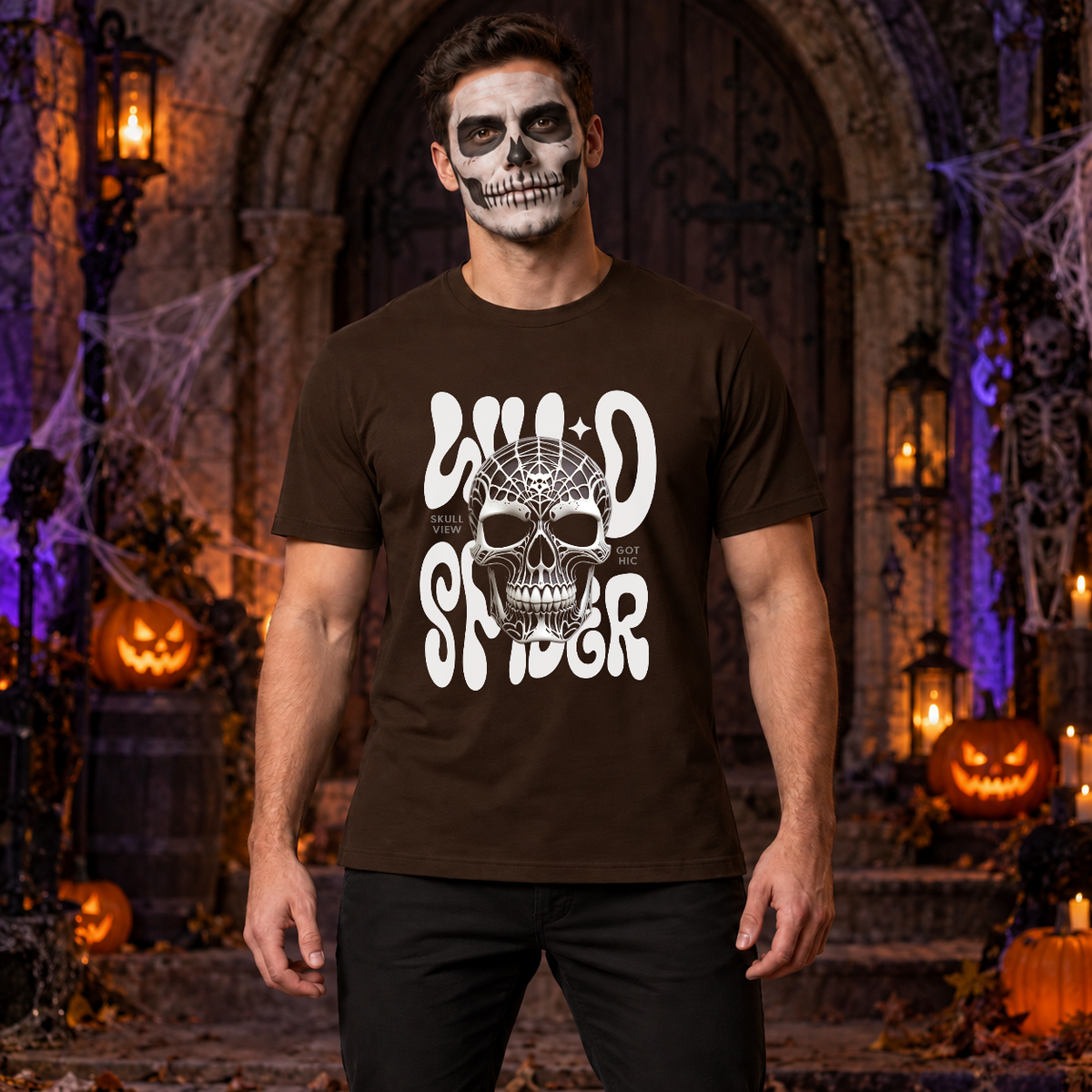 Gothic Spider Skull T-Shirt – Dark Gothic Halloween Graphic Graphic Tee - Color: chocolate