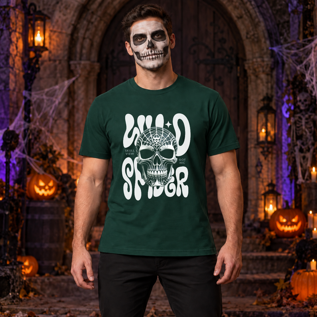 Gothic Spider Skull T-Shirt – Dark Gothic Halloween Graphic Graphic Tee - Color: forest green