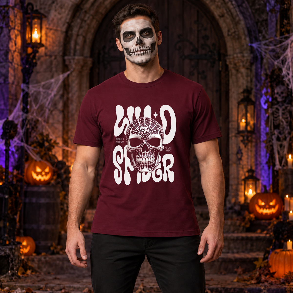 Gothic Spider Skull T-Shirt – Dark Gothic Halloween Graphic Graphic Tee - Color: maroon