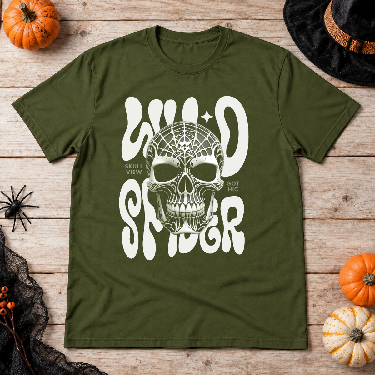 Gothic Spider Skull T-Shirt – Dark Gothic Halloween Graphic Graphic Tee - Color: military green