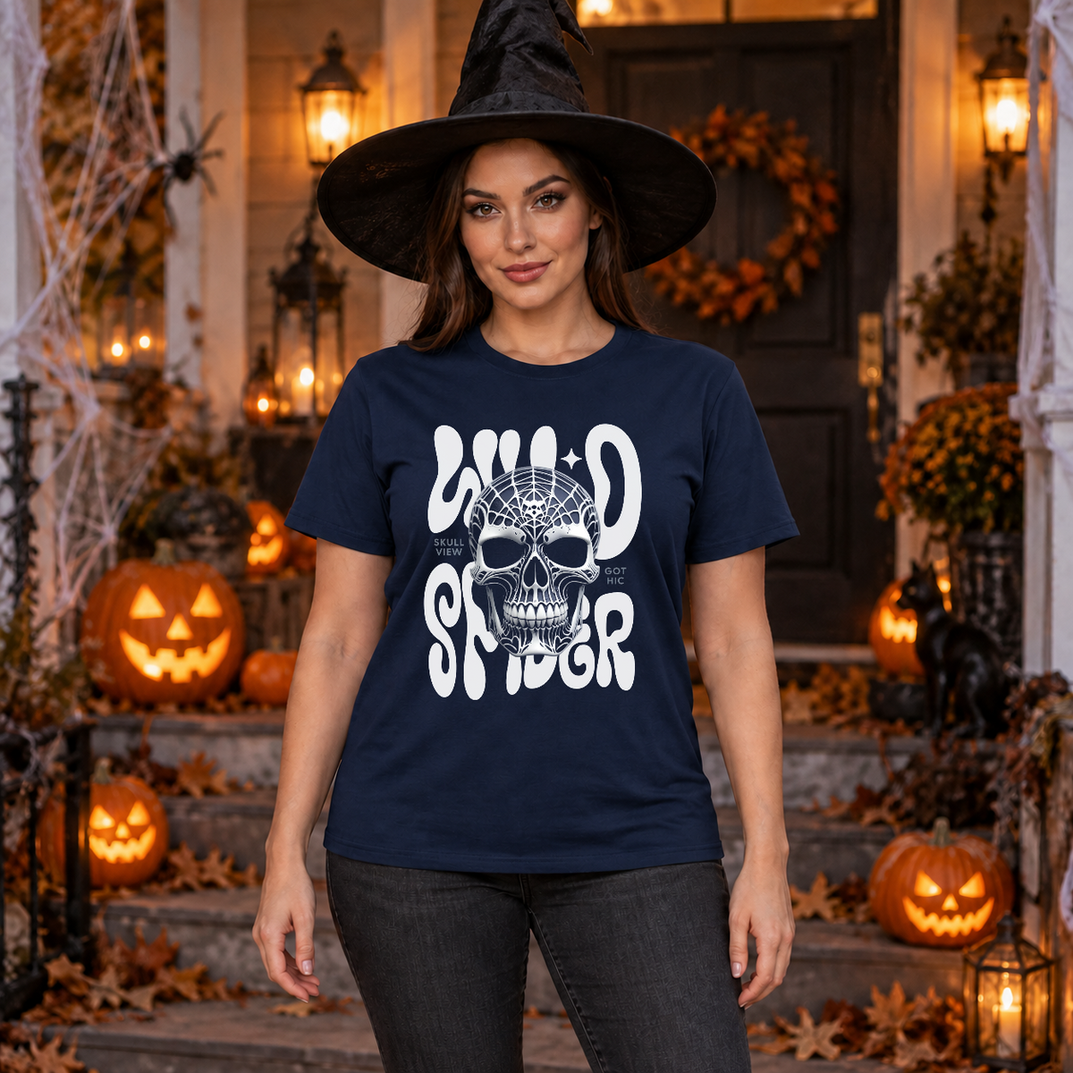 Gothic Spider Skull T-Shirt – Dark Gothic Halloween Graphic Graphic Tee - Color: navy