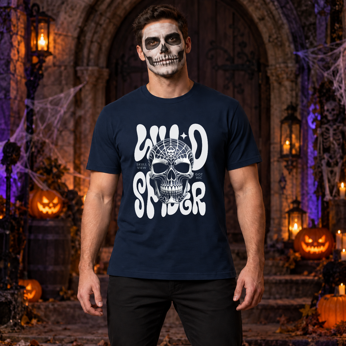 Gothic Spider Skull T-Shirt – Dark Gothic Halloween Graphic Graphic Tee - Color: navy
