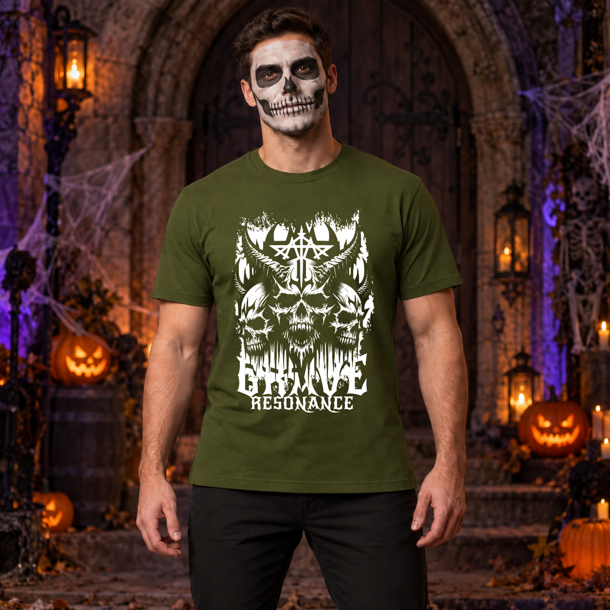 Grave Resonance T-Shirt – Dark Editorial Graphic Design Graphic Tee - Color: military green