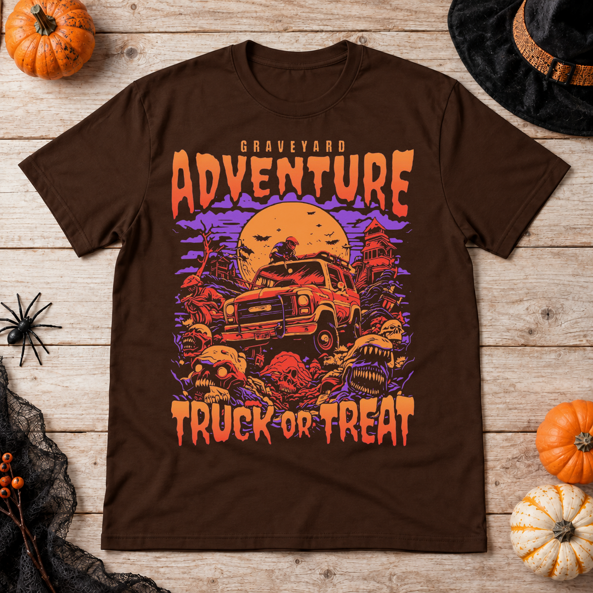 Graveyard Adventure T-Shirt – Dark Editorial Graphic Design Graphic Tee - Color: chocolate