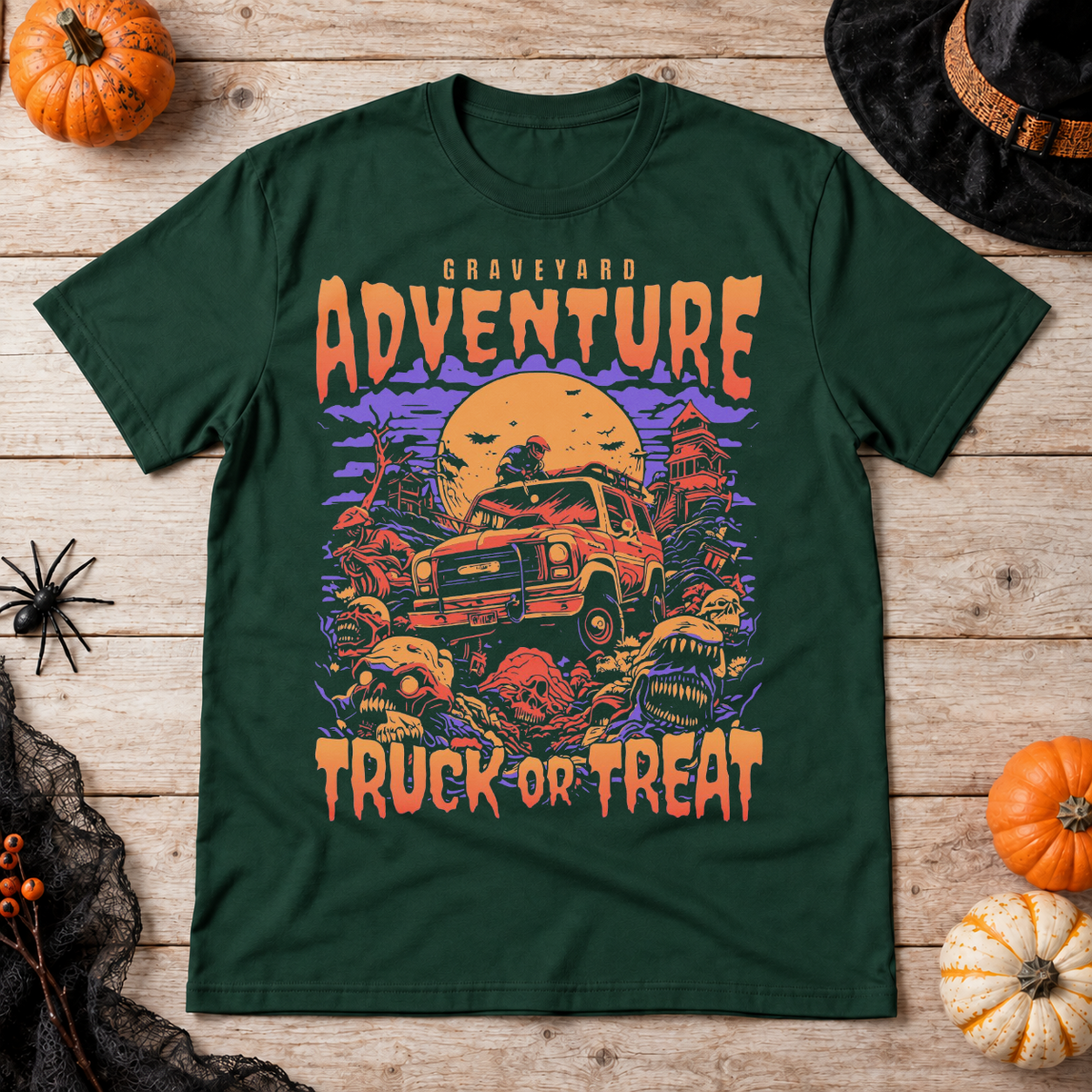 Graveyard Adventure T-Shirt – Dark Editorial Graphic Design Graphic Tee - Color: forest green