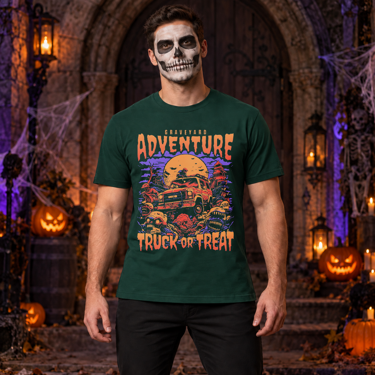 Graveyard Adventure T-Shirt – Dark Editorial Graphic Design Graphic Tee - Color: forest green