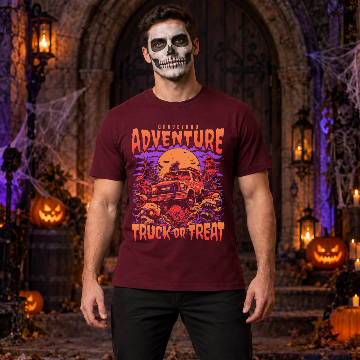Graveyard Adventure T-Shirt – Dark Editorial Graphic Design Graphic Tee - Color: maroon