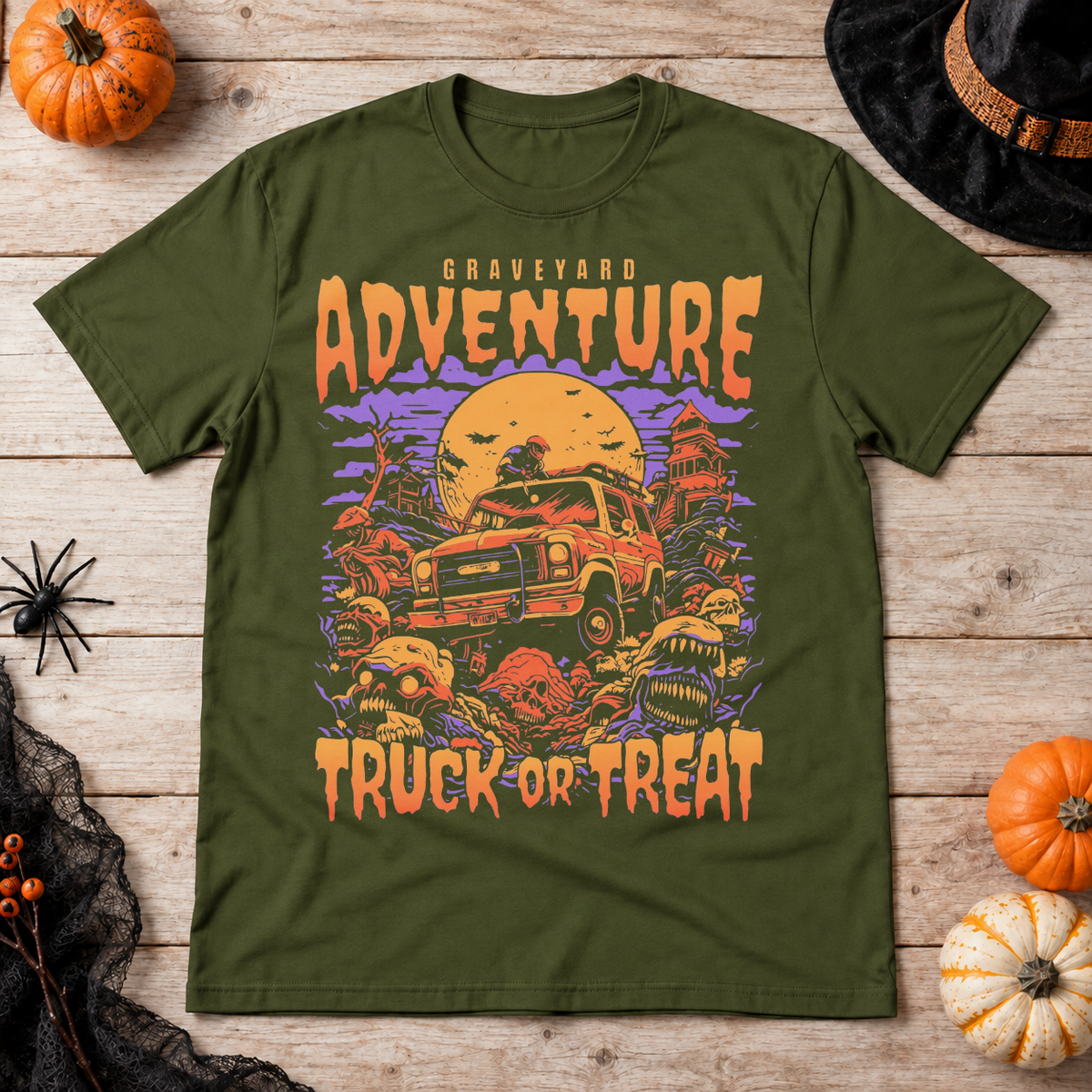 Graveyard Adventure T-Shirt – Dark Editorial Graphic Design Graphic Tee - Color: military green