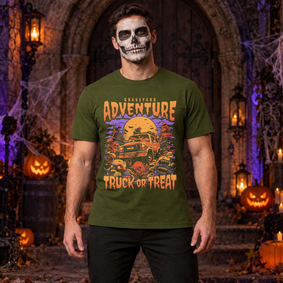 Graveyard Adventure T-Shirt – Dark Editorial Graphic Design Graphic Tee - Color: military green