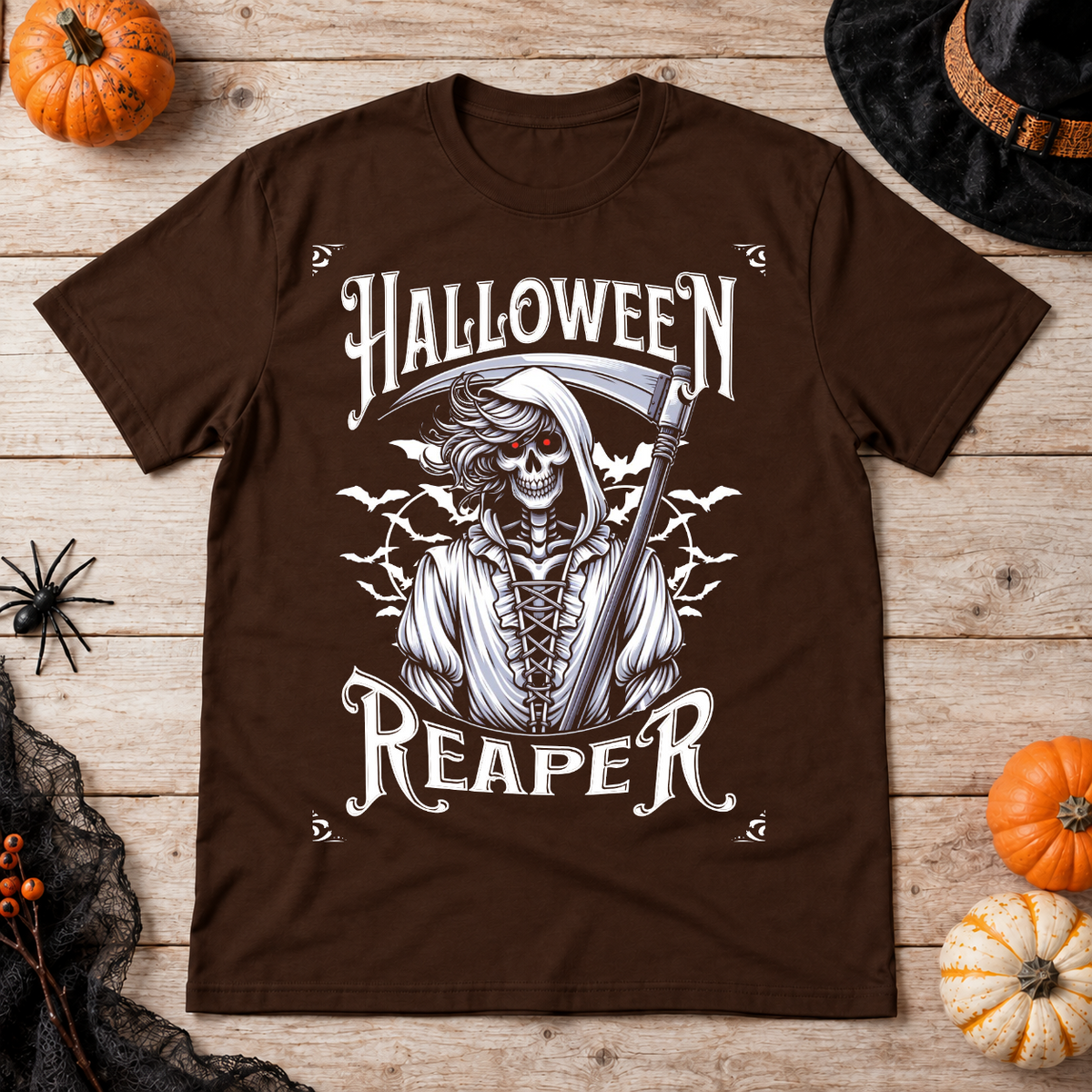 Grim Reaper Halloween Skeleton Funny Death Bones T-Shirt – Skull & Reaper Gothic Graphic Graphic Tee - Color: chocolate