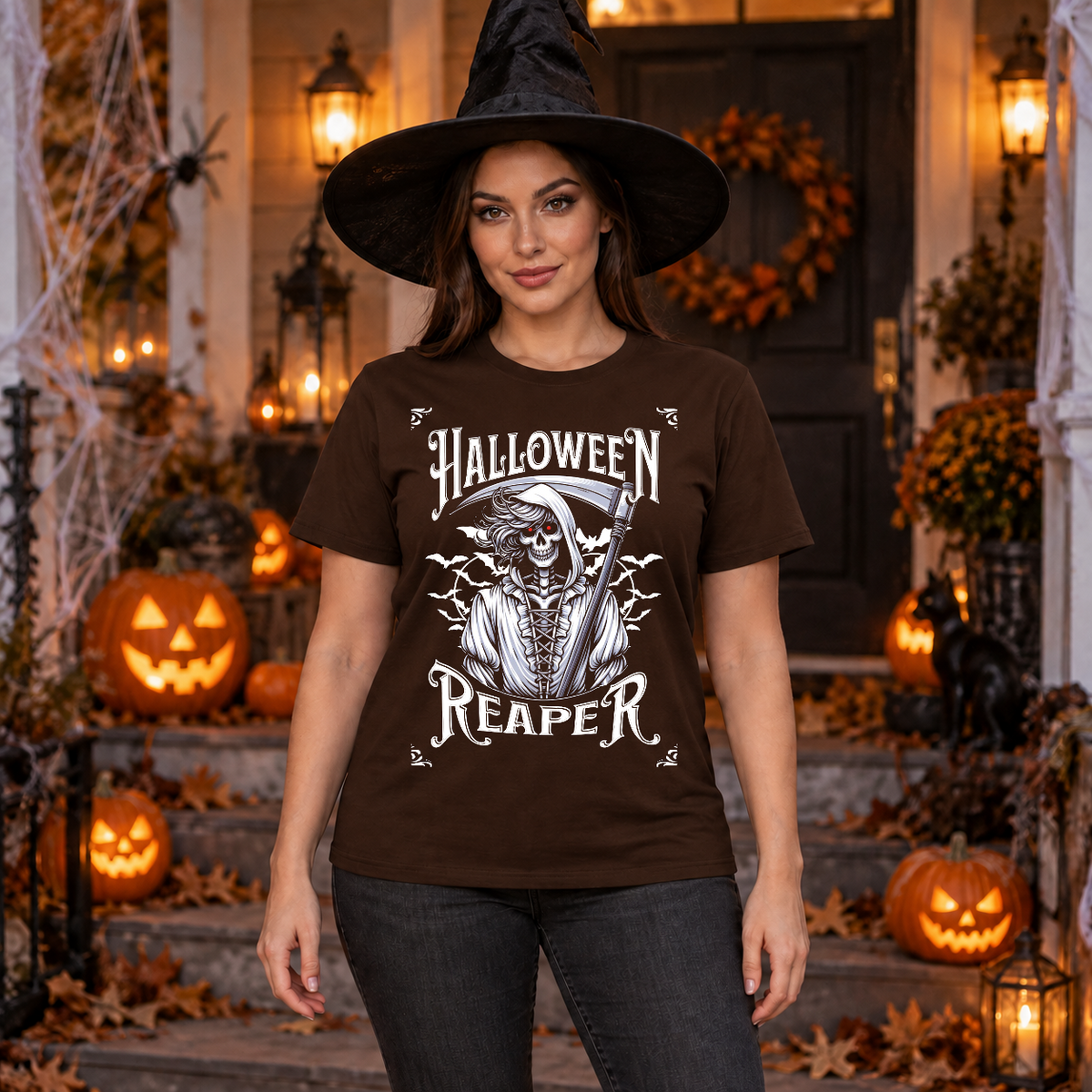 Grim Reaper Halloween Skeleton Funny Death Bones T-Shirt – Skull & Reaper Gothic Graphic Graphic Tee - Color: chocolate