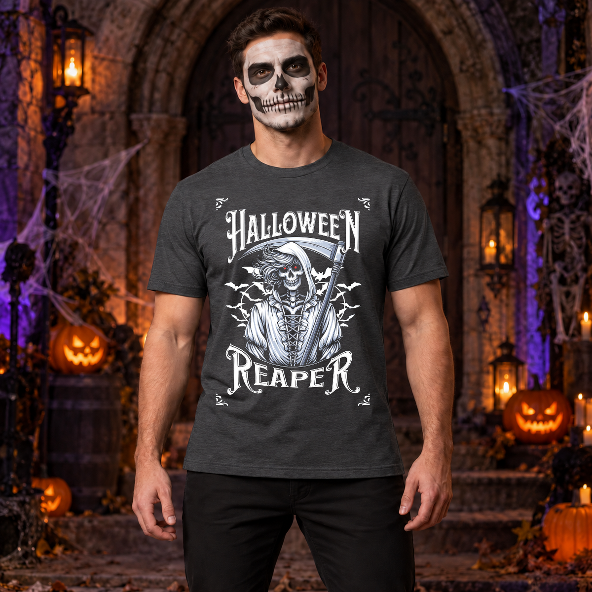 Grim Reaper Halloween Skeleton Funny Death Bones T-Shirt – Skull & Reaper Gothic Graphic Graphic Tee - Color: dark heather