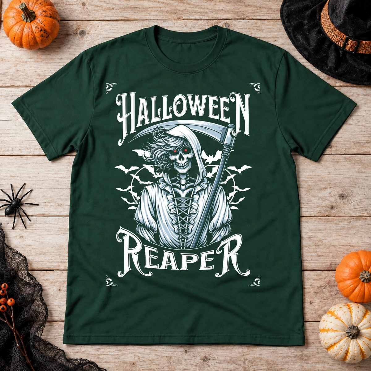 Grim Reaper Halloween Skeleton Funny Death Bones T-Shirt – Skull & Reaper Gothic Graphic Graphic Tee - Color: forest green