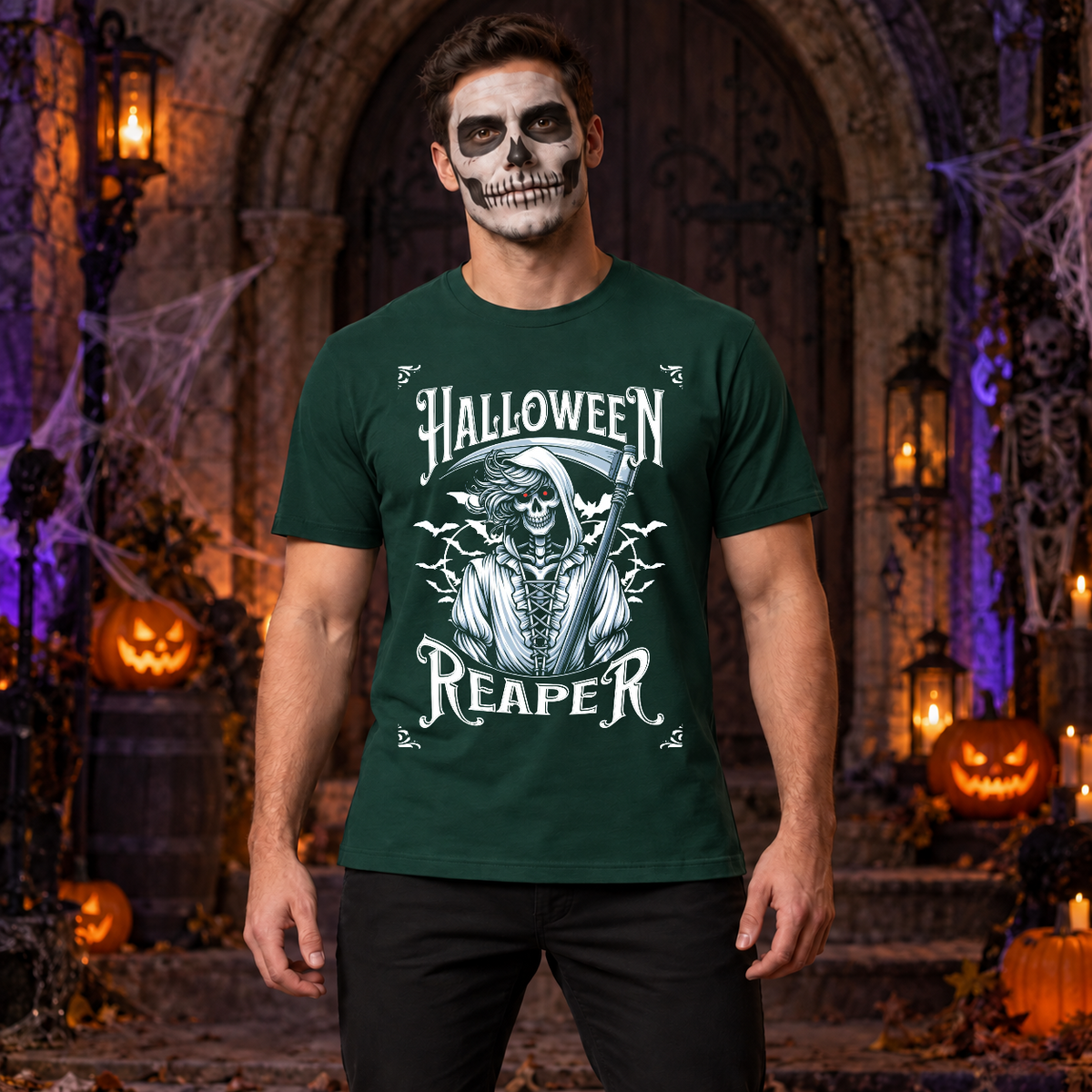 Grim Reaper Halloween Skeleton Funny Death Bones T-Shirt – Skull & Reaper Gothic Graphic Graphic Tee - Color: forest green