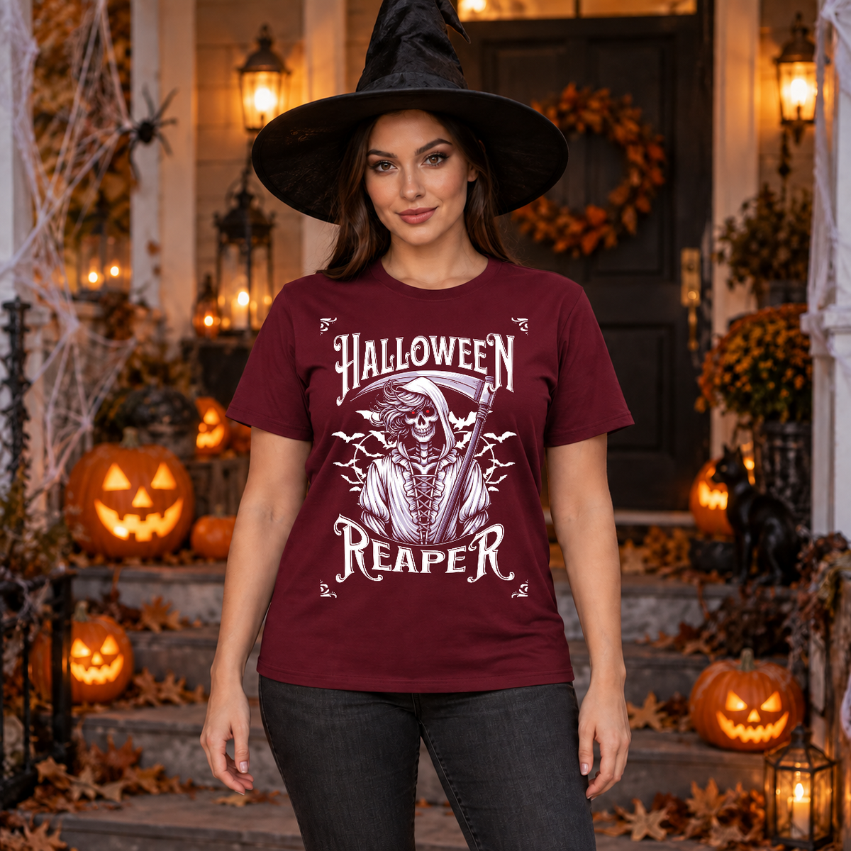 Grim Reaper Halloween Skeleton Funny Death Bones T-Shirt – Skull & Reaper Gothic Graphic Graphic Tee - Color: maroon