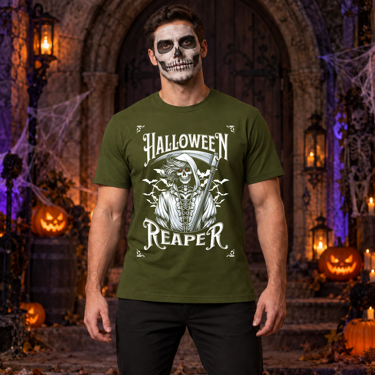 Grim Reaper Halloween Skeleton Funny Death Bones T-Shirt – Skull & Reaper Gothic Graphic Graphic Tee - Color: military green
