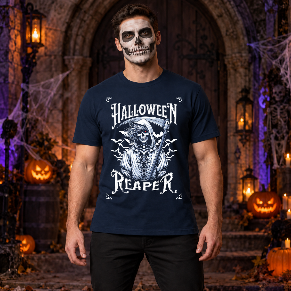 Grim Reaper Halloween Skeleton Funny Death Bones T-Shirt – Skull & Reaper Gothic Graphic Graphic Tee - Color: navy