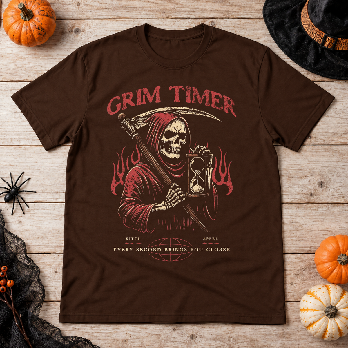 Grim reaper holding hourglass T-Shirt – Skull & Reaper Gothic Graphic Graphic Tee - Color: chocolate