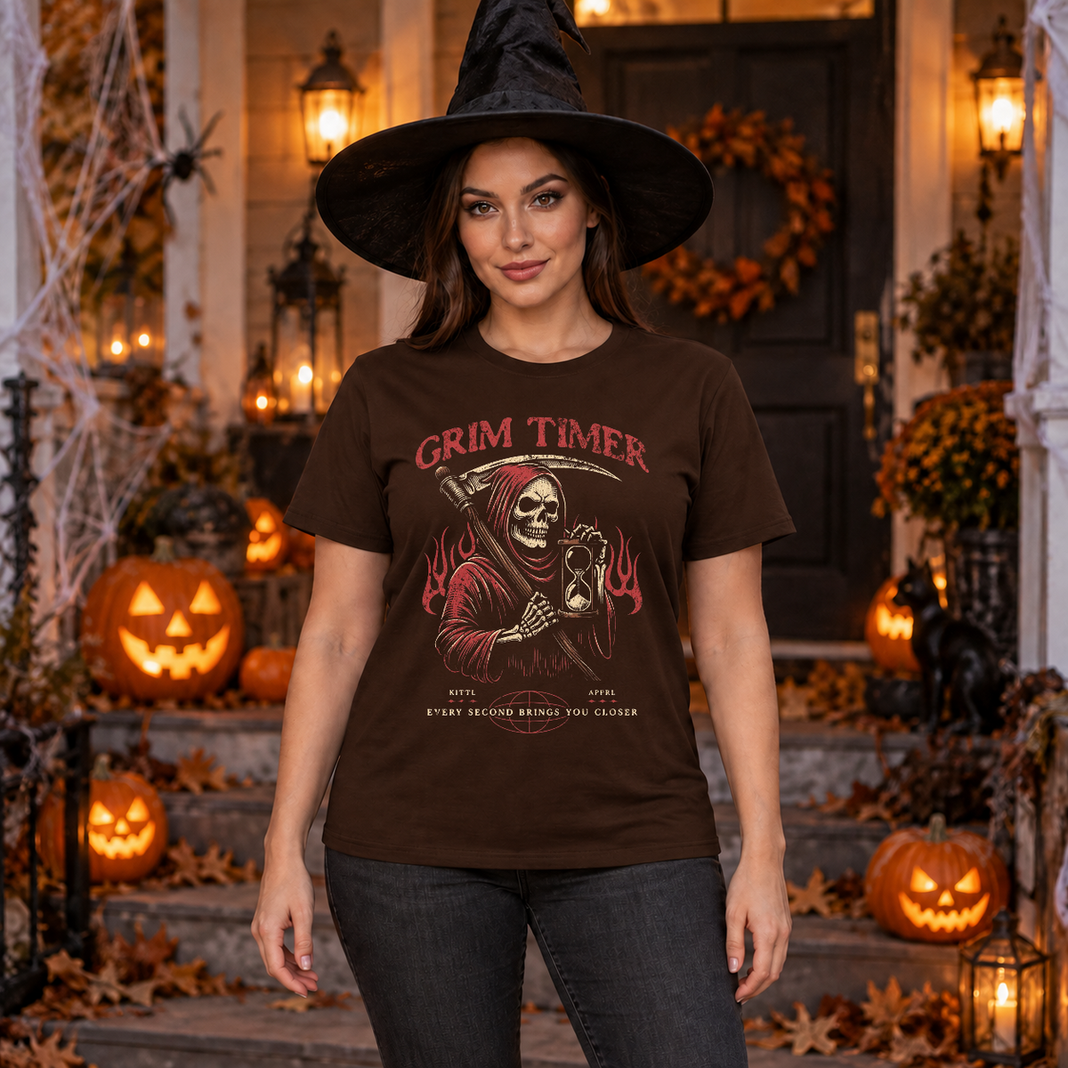 Grim reaper holding hourglass T-Shirt – Skull & Reaper Gothic Graphic Graphic Tee - Color: chocolate