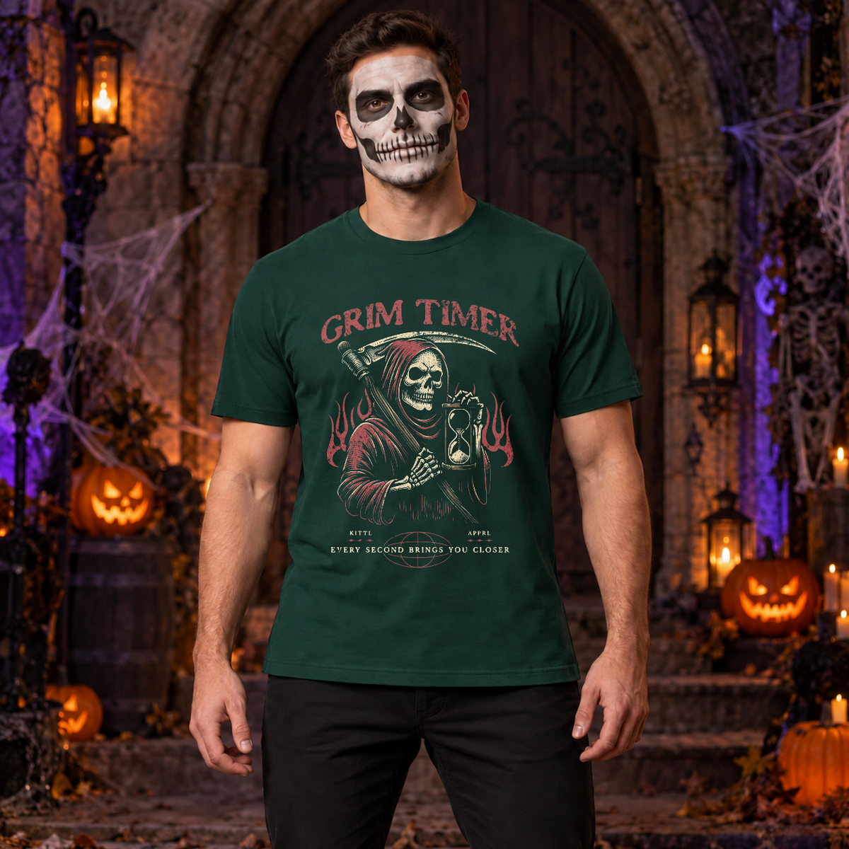 Grim reaper holding hourglass T-Shirt – Skull & Reaper Gothic Graphic Graphic Tee - Color: forest green