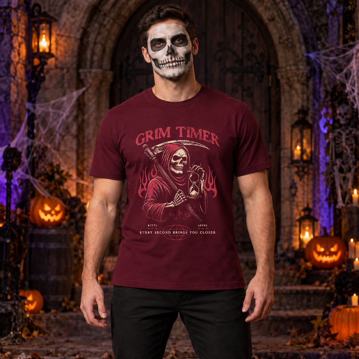 Grim reaper holding hourglass T-Shirt – Skull & Reaper Gothic Graphic Graphic Tee - Color: maroon