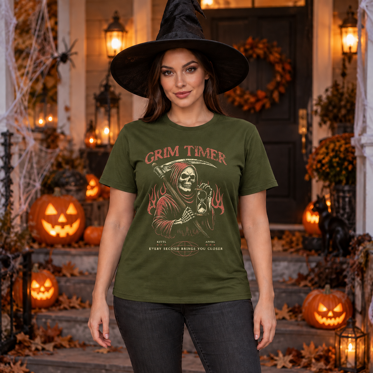 Grim reaper holding hourglass T-Shirt – Skull & Reaper Gothic Graphic Graphic Tee - Color: military green
