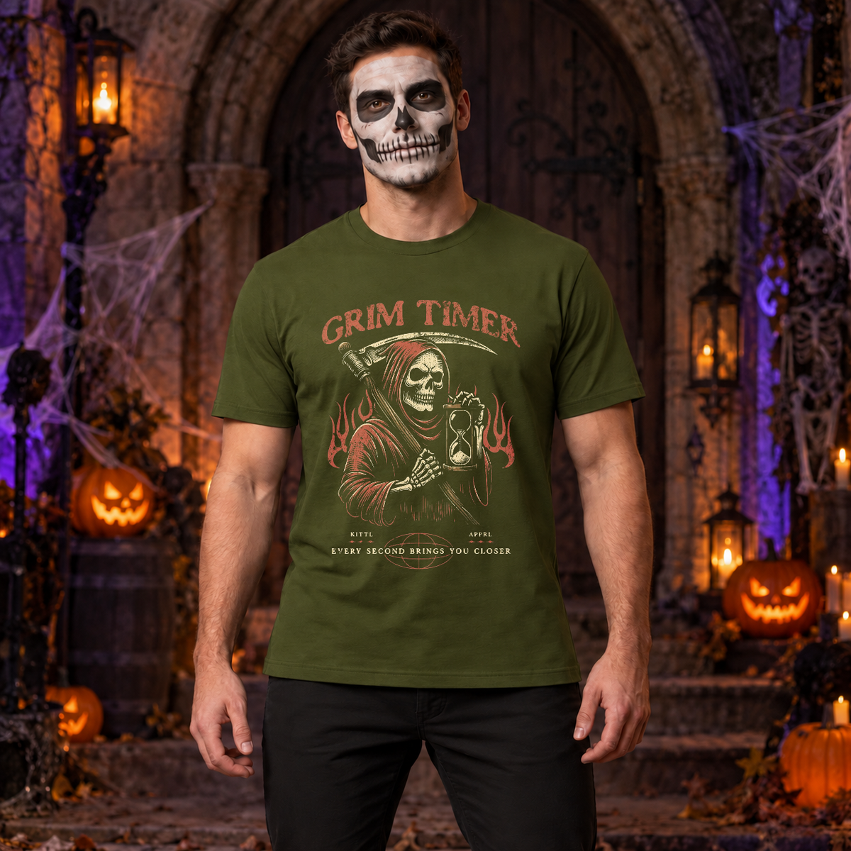Grim reaper holding hourglass T-Shirt – Skull & Reaper Gothic Graphic Graphic Tee - Color: military green