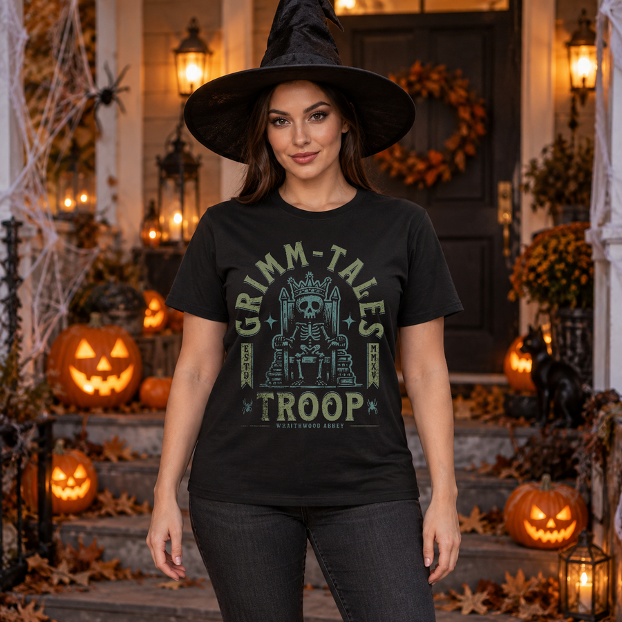 Grimm Tales Troop T-Shirt – Skull & Reaper Gothic Graphic Graphic Tee - Color: black