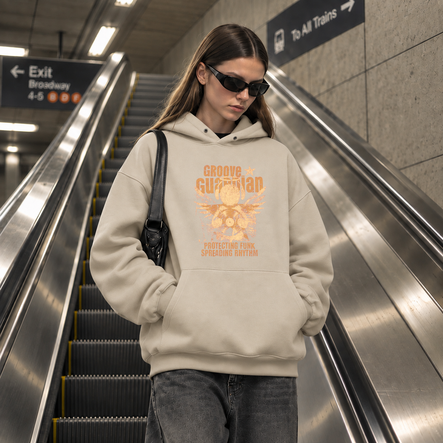 Groove Guardian Skull Headphones Hoodie – Grunge Poster Design Graphic Hoodie - Color: sand