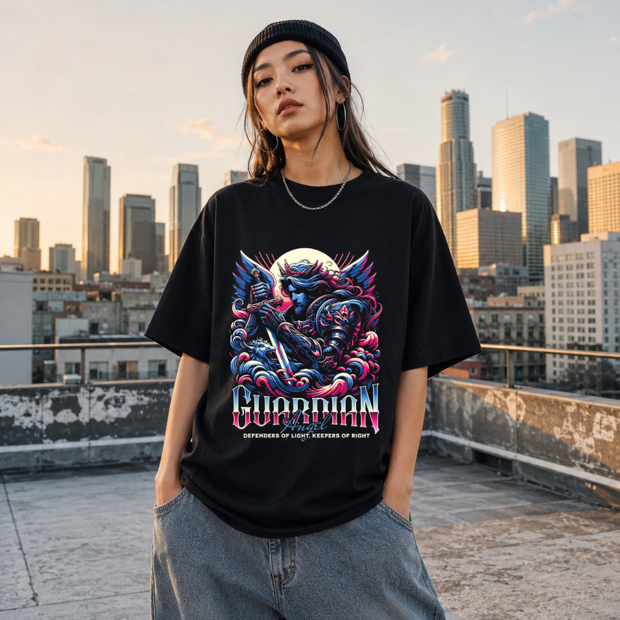 Guardian Angel Defenders of Light T-Shirt – Gothic Streetwear Poster Graphic Tee - Color: Black