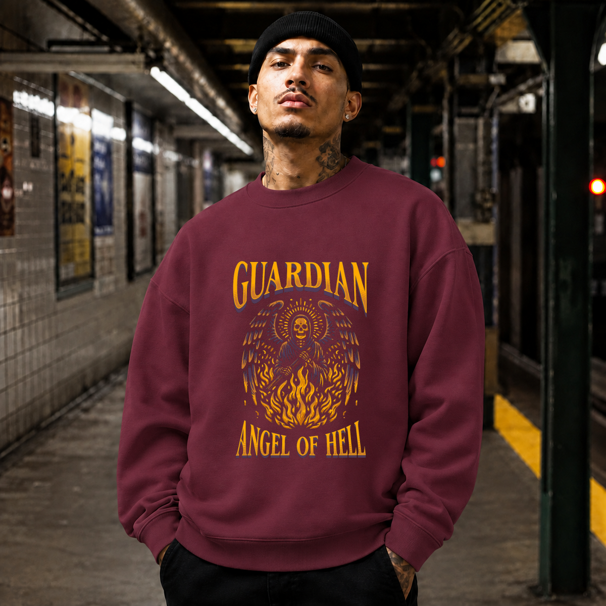 Guardian Angel of Hell Skull Sweatshirt – Gothic Streetwear Poster Graphic Sweatshirt - Color: maroon