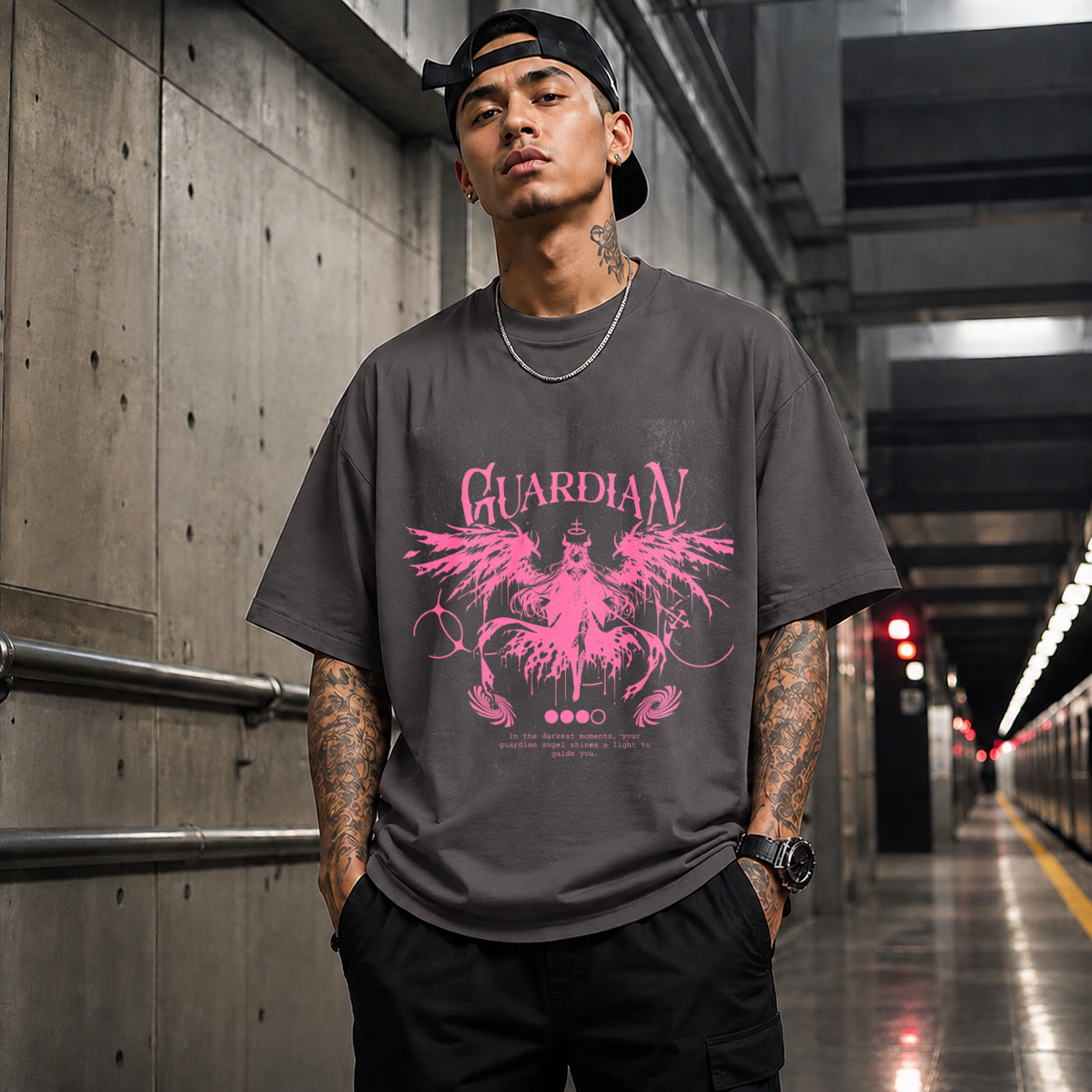 Guardian Angel Wings T-Shirt – Gothic Streetwear Poster Graphic Tee - Color: Charcoal