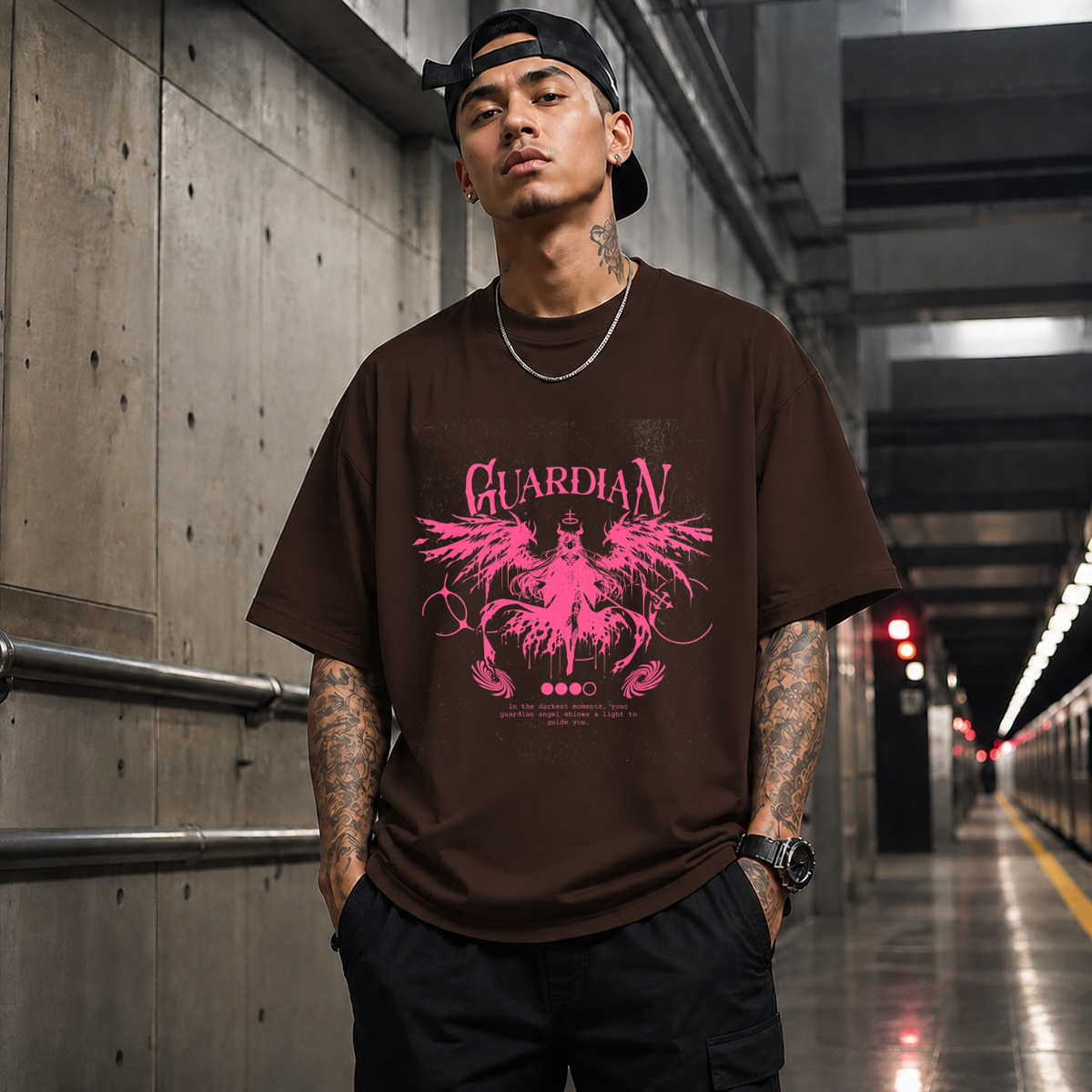 Guardian Angel Wings T-Shirt – Gothic Streetwear Poster Graphic Tee - Color: Dark Chocolate