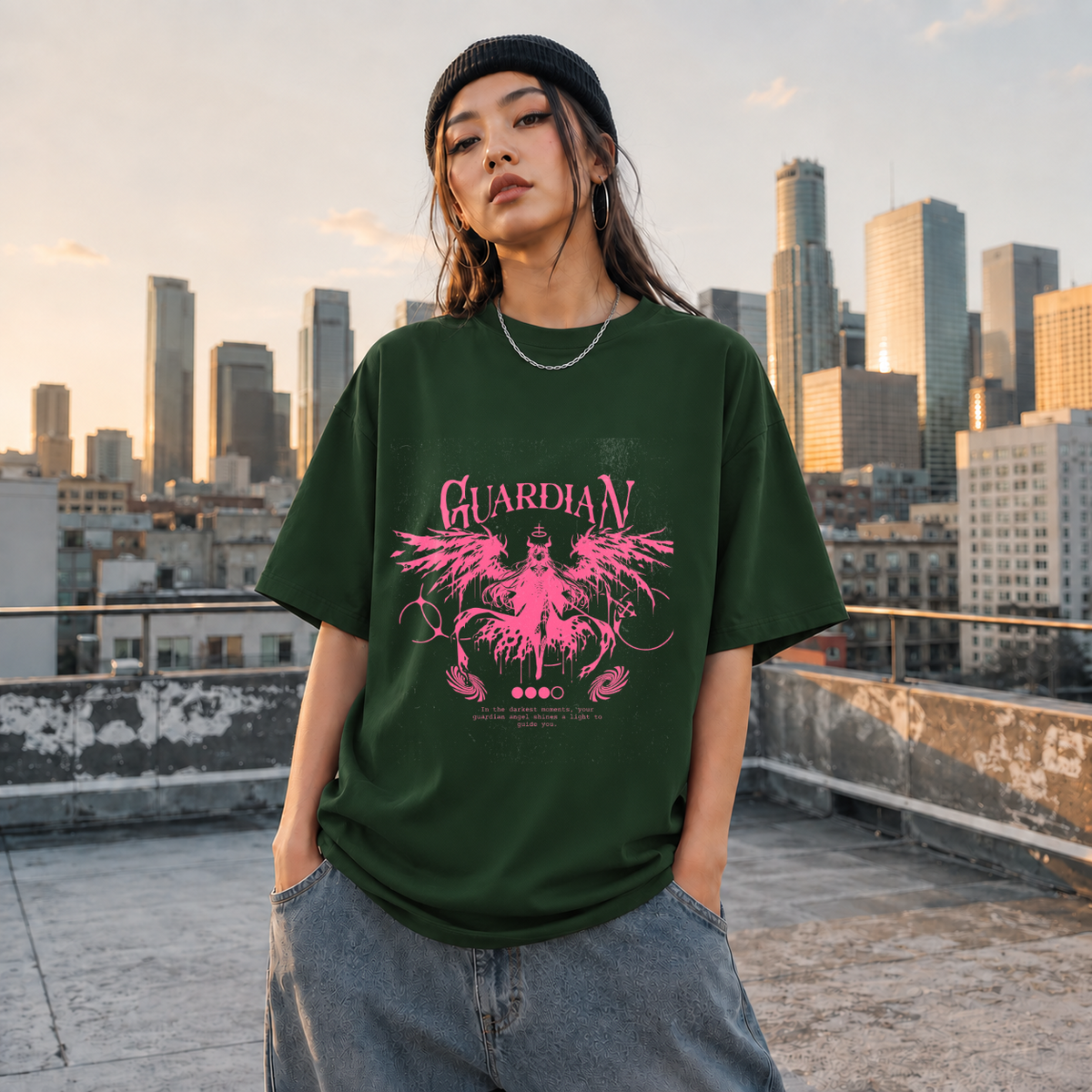 Guardian Angel Wings T-Shirt – Gothic Streetwear Poster Graphic Tee - Color: Forest Green