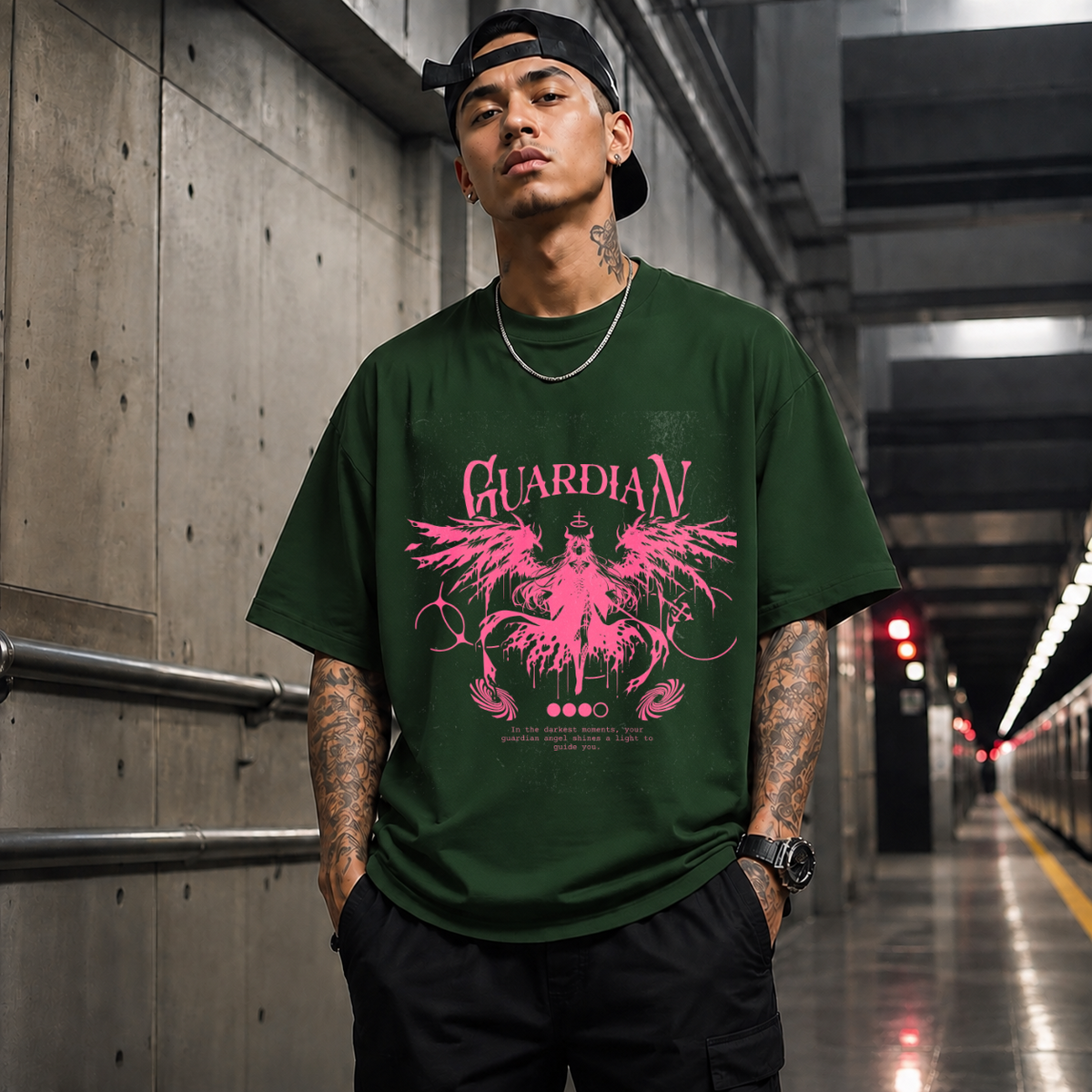 Guardian Angel Wings T-Shirt – Gothic Streetwear Poster Graphic Tee - Color: Forest Green